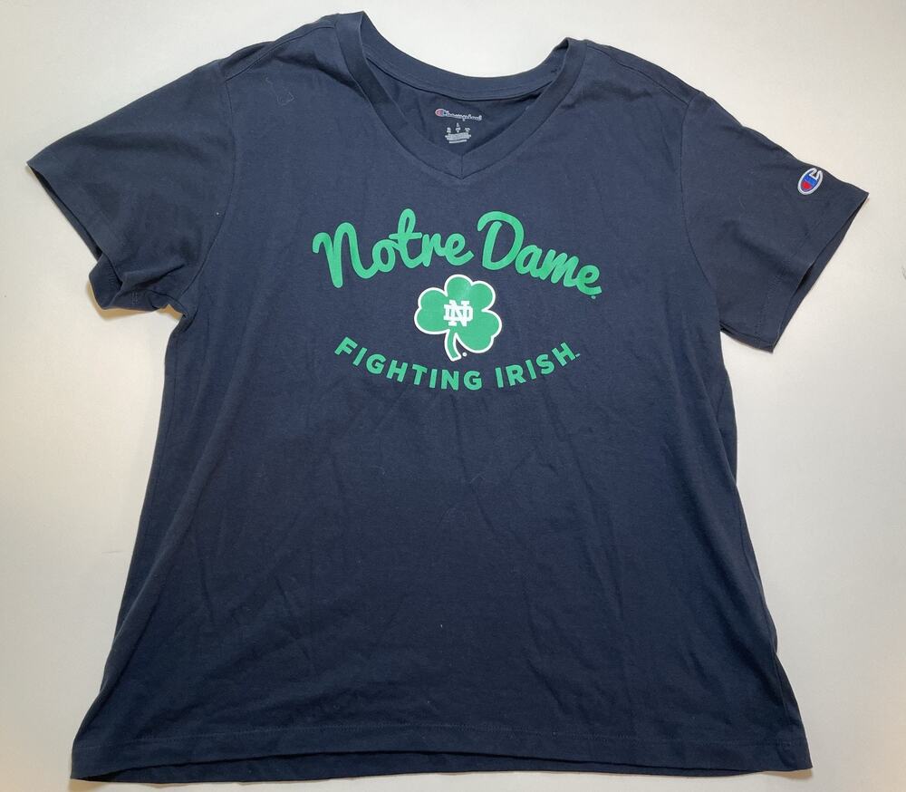 Notre Dame T Shirt Womens L NWT Navy Blue w/ Green Fighting Irish 100% Cotton